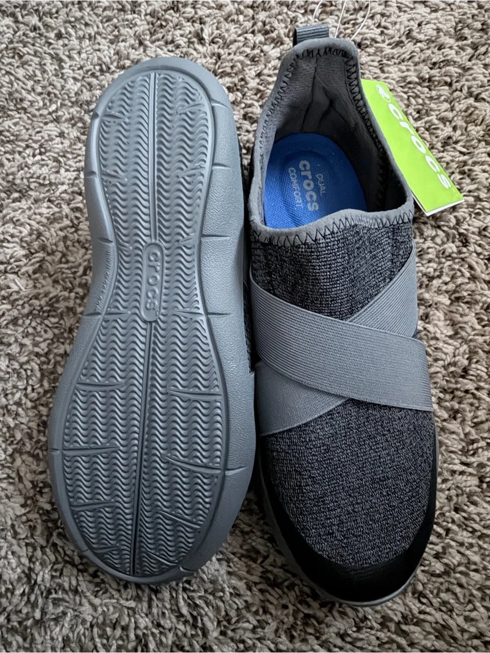 CROCS women’s Gray Slip-On Knit Loafers with Elastic Cross Straps